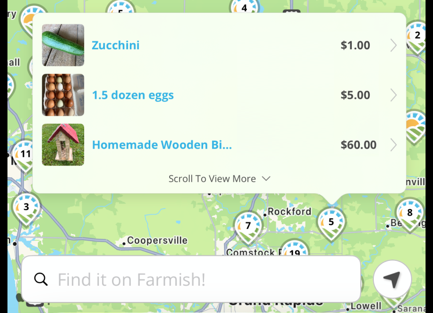 The Farmish app showing nearby listings on a map