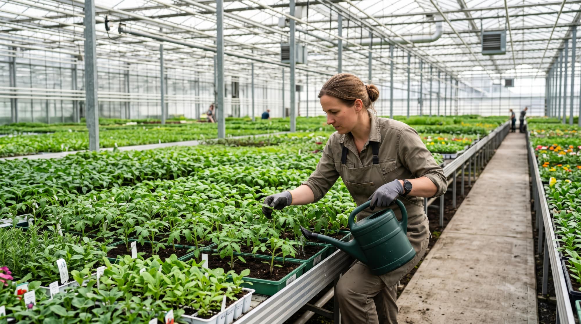 A grower watering seedlings in a greenhouse