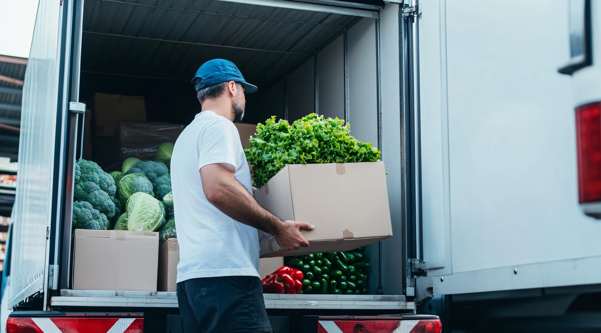 A man loading a box of fresh lettuce into a delivery truck
