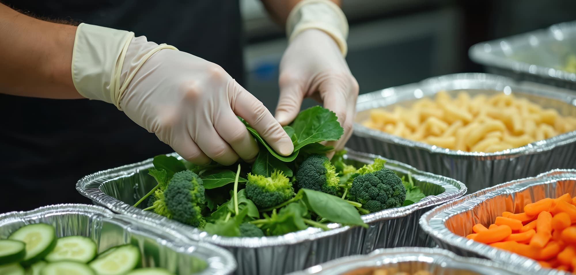 Gloved hands portioning fresh greens and vegetables in a kitchen