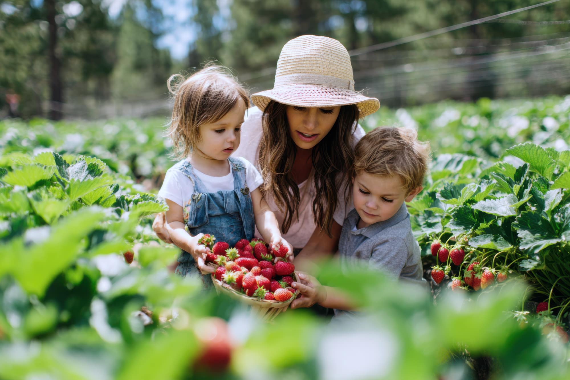 A mother and two young children picking strawberries in a U-pick field